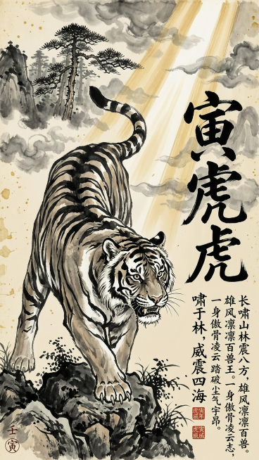 大气写意水墨风格，猛虎盘踞深山峻岭，林间强光穿透云雾洒落，光影层次浓烈鲜明，明暗反差极大，虎身笔触粗犷豪迈，山林暗部墨色沉郁厚重，气势磅礴威严。文字设计："主标题寅虎，霸气行草艺术字体，笔画飞扬、斜向预览效果