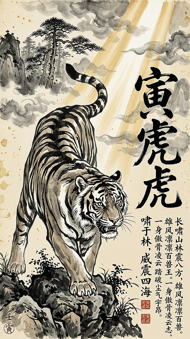 大气写意水墨风格，猛虎盘踞深山峻岭，林间强光穿透云雾洒落，光影层次浓烈鲜明，明暗反差极大，虎身笔触粗犷豪迈，山林暗部墨色沉郁厚重，气势磅礴威严。文字设计："主标题寅虎，霸气行草艺术字体，笔画飞扬、斜向错落；副标题啸于林，威震四海；角落印章式古诗：长啸山林震八方，雄风凛凛百兽王。一身傲骨凌云志，踏破风尘气宇昂。文字设计不要呆板，字体排版有设计感"，8K超清，宣纸复古肌理底色，东方古典水墨意境，9:16竖版