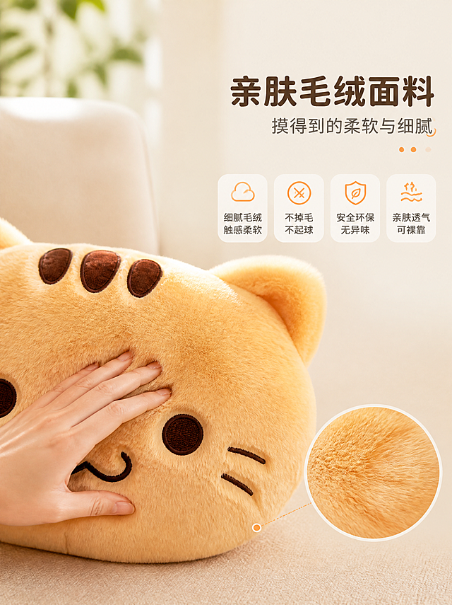 [商品] 使用【图1】黄猫头抱枕；保留暖黄色毛绒材质、头顶三道深棕色斑纹、圆眼睛、小胡须、微笑嘴型、整体猫头造型；增强毛绒纹理质感，保持产品原貌不变。[画面] 第3张 亲肤面料细节展示 目标强调毛绒材质触感与亲肤体验；构图为左图右文 左侧是抱枕大特写 占画面60% 一只年轻女性的手轻轻抚摸抱枕表面 手指陷入毛绒中 展示柔软触感 画面右下角有面料微距小窗 放大展示毛绒纤维细腻纹理 右侧留白放文字信息 背景是虚化的浅米色沙发和绿植 柔和暖光。[视觉] 套系策略：风格=家居治愈风 温馨暖调商业摄影；标题字=圆润粗黑体 萌系圆角；正文字=简洁圆角无衬线体；主色=暖黄+奶油米白；背景延展=基于奶油米白做深浅层级 同色渐变 织物/木纹质感；强调色=暖橘色 仅用于小面积图标 引线 标签；标题色=深棕色；正文色=中暖灰；组件=圆角浅底信息卡 细线引线 软萌圆点装饰；光影=左前侧午后暖柔光 突出毛绒纹理 手部自然。[文字] 右侧上部主标题"亲肤毛绒面料" 副标题"摸得到的柔软与细腻" 下方四个圆角卖点卡"细腻毛绒 触感柔软""不掉毛 不起球""安全环保 无异味""亲肤透气 可裸靠" 全部横排 文字不遮挡主体。[规格] 图片比例3:4竖版 2K 避免变形 错字 文字过小 冷蓝背景 产品颜色改变 版型失真 水印 平台Logo 手部畸形。
