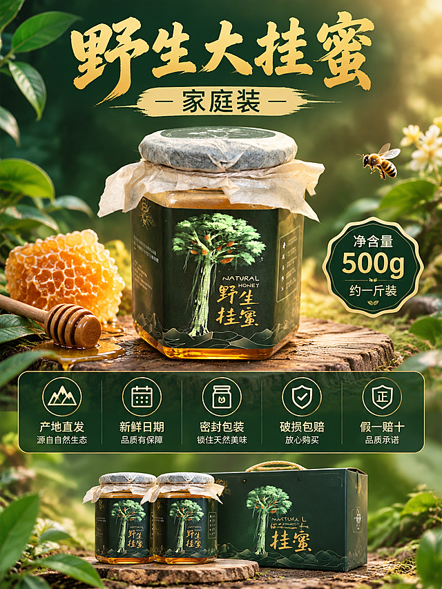 [主图-8] 规格与服务承诺 家庭装 放心购买
[统一基调] 整体风格自然原生态 暖调雨林自然光 背景主色深绿渐变配暖金琥珀色点缀 标题字色暖金色 辅助字色米白色 强调色琥珀橙 字体样式主标题粗厚书法感字体 辅助文案细黑体 卡片用半透明深绿圆角底 图标用简约线描金色
[画面] 画面中心展示蜂蜜罐产品 旁边标注净含量规格 如500g/罐 下方或周围展示服务承诺图标 产地直发 新鲜日期 密封包装 破损包赔 假一赔十 底部可以展示两罐组合装或礼盒装效果 背景为柔和的深绿到浅绿渐变 点缀几片雨林叶子和蜂巢图案 整体信任感强 促进下单转化
[光影质感] 产品正面柔光 清晰明亮 整体干净通透 有品质保障感
[配色] 深绿渐变背景 金色标题 米白文字 琥珀蜂蜜色 服务图标用绿色或金色
[文字版式] 顶部主标题 野生大挂蜜 家庭装 中部规格信息 净含量500g 约一斤装 底部服务承诺横排或2x3排列 每个图标配文字 清晰明了
[输出要求] 3:4比例 高清 产品清晰不变形 文字清晰可读 禁止错字 禁止水印 禁止平台logo 禁止杂乱背景 禁止绝对化用语