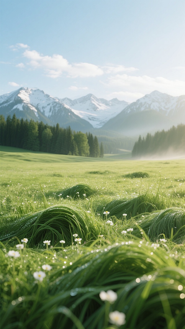 清晨阳光照耀下的绿色草原，近景是带着露珠的茂盛青草与零星白色小野花，草叶呈现自然起伏的波浪状纹理，中景为郁郁葱葱的树林，远景是覆着皑皑白雪的连绵山脉，山脉轮廓清晰可见，柔和的晨光洒在整个画面，光线明亮柔和，整体色调以青绿、墨绿、淡蓝和白色为主，营造出宁静清新、生机勃勃的自然氛围，具有高度写实的摄影质感，景深效果明显，前景清晰而后景逐渐模糊，天空中有少量白色云朵，整体画面层次分明，色彩和谐。