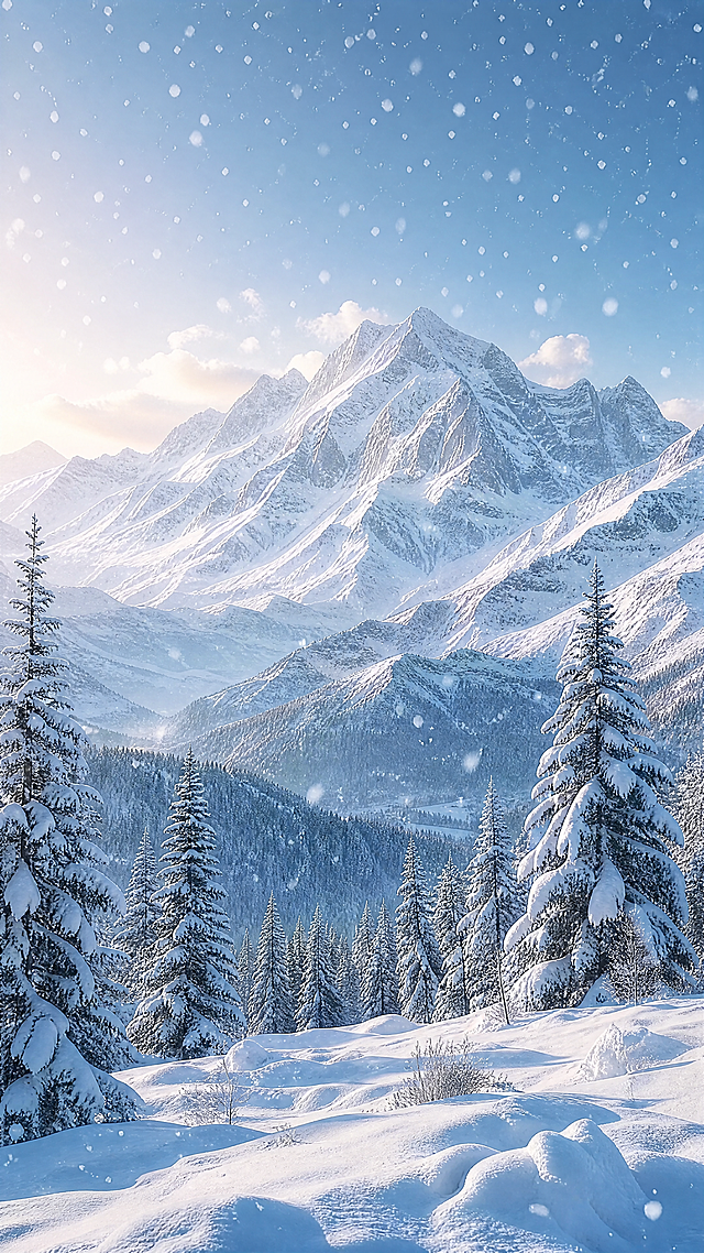 唯美冬日雪景图，连绵的雪山覆盖着皑皑白雪，雪花在空中缓缓飘落，静谧的森林被积雪覆盖，画面宁静而浪漫，分辨率高，画质清晰