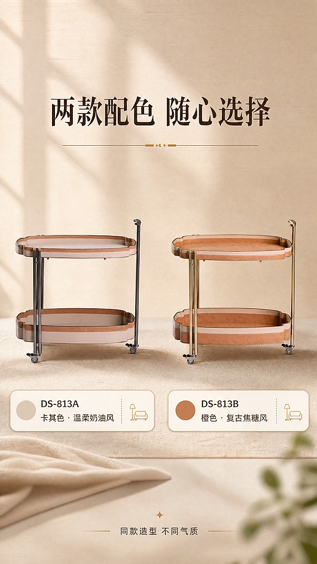 [商品] 使用【图1】两款双层餐车，左DS-813A卡其色、右DS-813B橙色；两款并排等比例展示，保留全部结构与颜色差异（卡其色配枪灰框架、橙色配香槟金框架）。
[画面] 目标：SKU选购页，双款式矩阵展示。构图：左右各一款餐车，置于相同浅米色背景中，光影一致；每款下方对应型号与风格标签；顶部文案区说明两款选择。
[视觉] 套系策略：风格=轻复古轻奢家居商业摄影；标题字=现代衬线粗体；正文字=简洁无衬线体；主色=奶油棕+焦糖橙；背景延展=基于奶油棕做深浅层级、同色渐变和细腻墙面/织物质感；强调色=香槟金，仅用于小面积图标、引线和标签；标题色=深棕咖；正文色=暖灰棕；组件=圆角浅底信息卡、细线引线、金属质感icon；光影=左前侧暖柔光，自然窗影。
[文字] 顶部主标题「两款配色 随心选择」；左侧下方标签：「DS-813A 卡其色 · 温柔奶油风」；右侧下方标签：「DS-813B 橙色 · 复古焦糖风」；底部小字提示：「同款造型 不同气质」；全部横排。
[规格] 图片比例9:16竖版，4K分辨率，medium质量；避免变形、错字、文字过小、冷蓝背景、产品颜色改变、结构失真、绝对化用语。