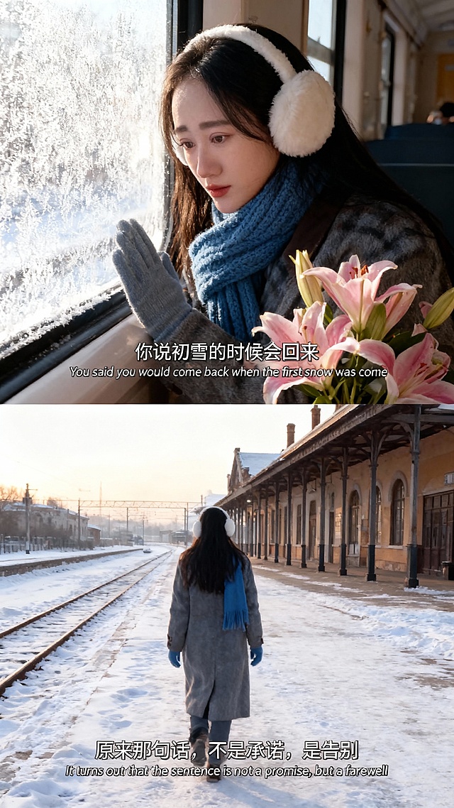 生成两宫格艺术感写真图，横向两宫格。场景为冬日车站。画面中有人物和参考图一致，身着灰色毛呢外套、搭配蓝色针织围巾与手套、佩戴白色毛绒耳罩的人物。最上面一张为超近景特写，凸显面部暖光光影。冬日车内场景图，人物靠近结满霜花的火车车窗，手部轻触玻璃，神情忧郁，望向窗外，身旁摆放着粉色百合花束，添加中英字幕“你说初雪的时候会回来 You said you would come back when the