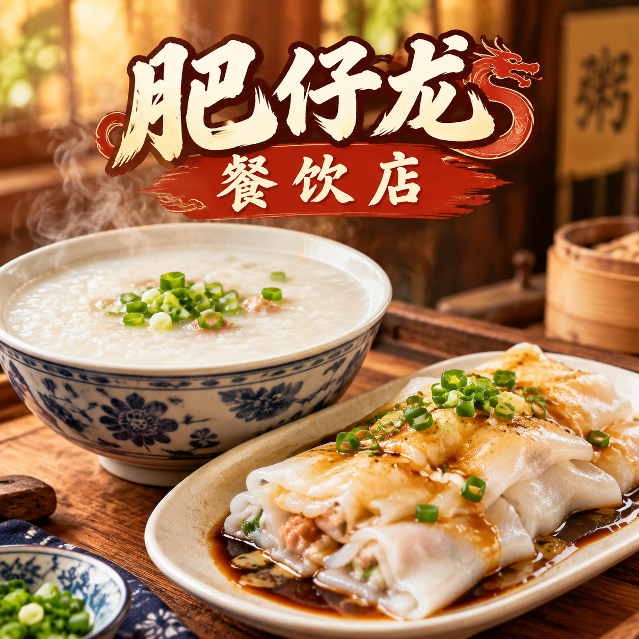 餐饮店头像设计，店名"肥仔龙餐饮店"，以粥和肠粉为主题，写真风… - 图片创意预览