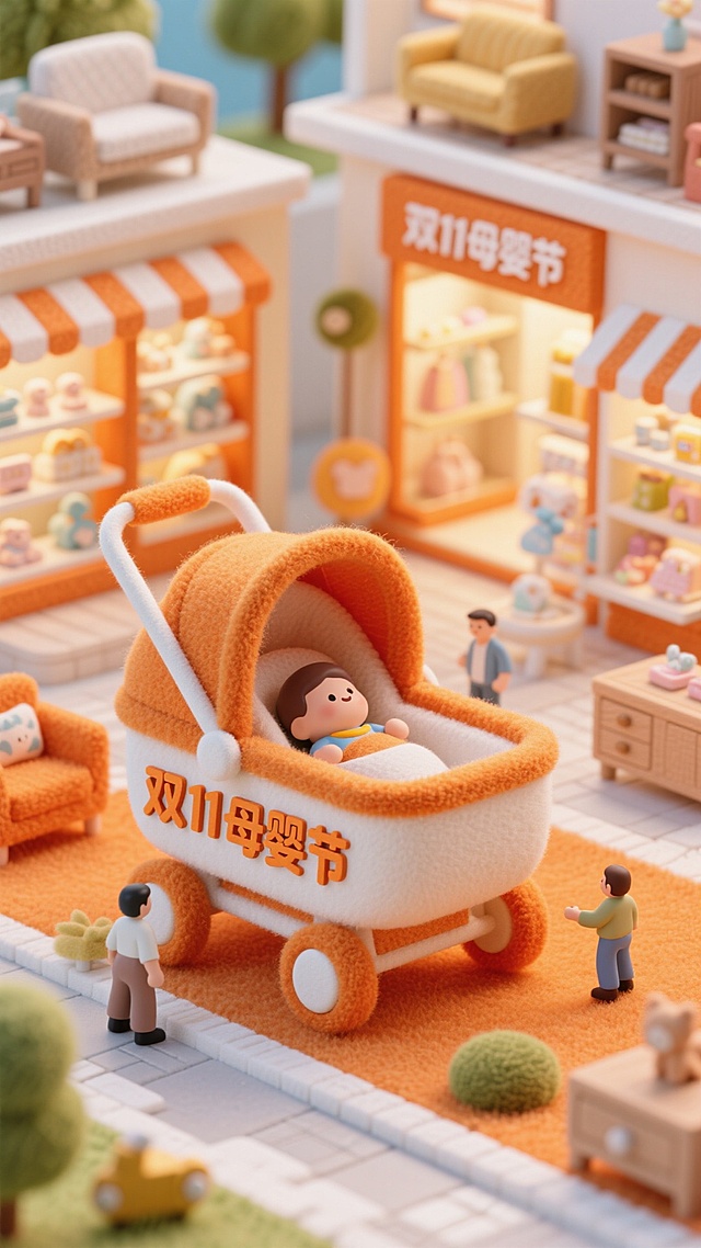 这幅画面以橙白色调为主，画面中央是一个巨大的婴儿车，上面写着“双11母婴节”。车内有一个母婴用品橱窗展示柜。背景是家具城。毛毡风格。高饱和色彩。