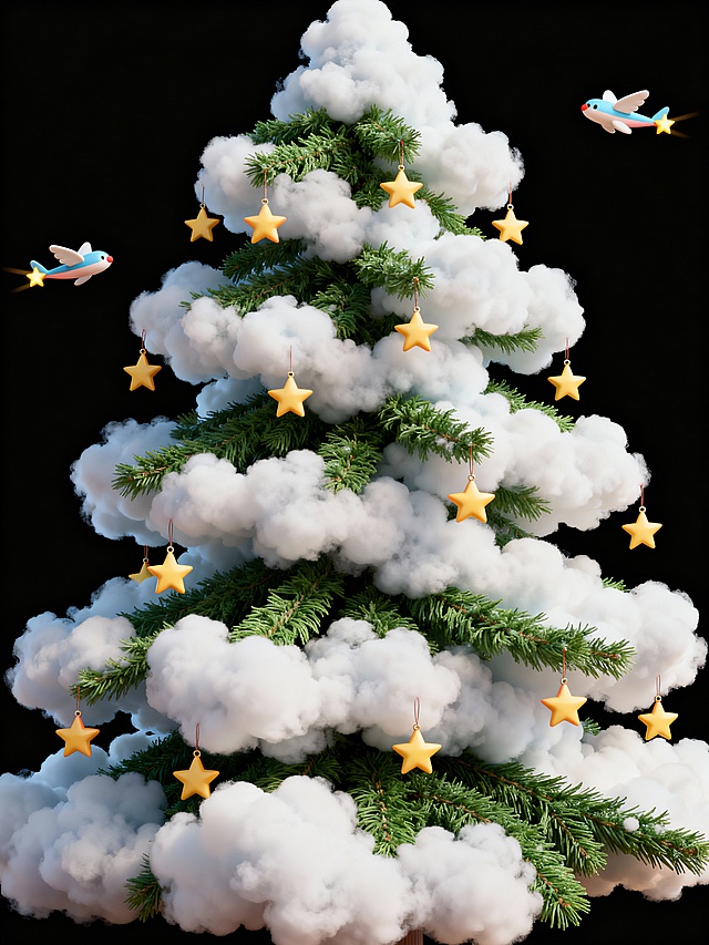 梦幻3D风圣诞树，云朵与松枝交织，金星点缀，卡通飞鸟穿梭，粒子光效营造温馨趣味的虚拟自然节日氛围。