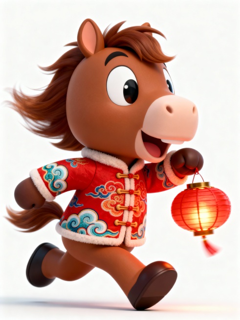 主体是Q版棕褐色骏马踏着蹄子，穿着中式小棉袄，嘴里叼着灯笼，鬃毛飞扬，纯白色背景，《茶杯头》卡通动画画风的3D渲染预览效果