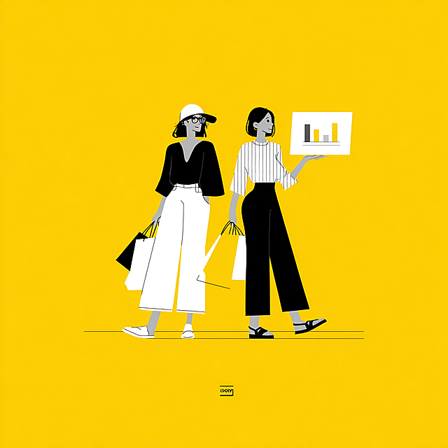 flat illustration, shopping related, one or two people, same style and color scheme as the reference picture: bright yellow background, minimalist black and white line art, modern flat design, vector illustration, simple character shapes, solid color blocks