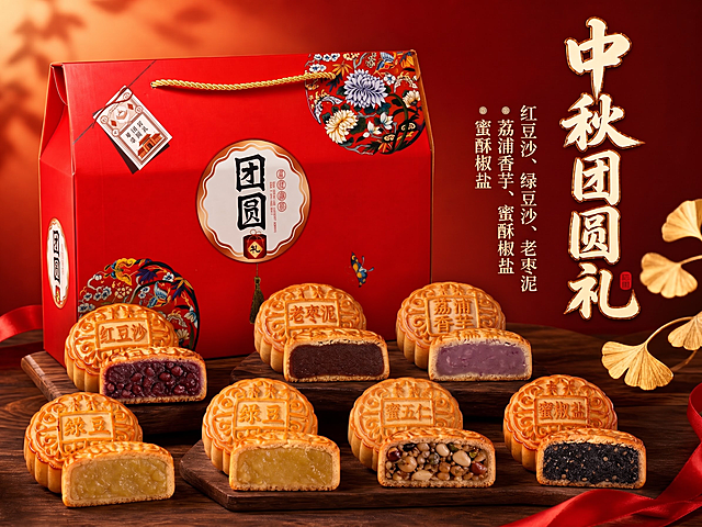 产品名字修改：红豆沙、绿豆沙、老枣泥、荔浦香芋、蜜酥五仁、蜜酥椒盐各2枚，其他不变