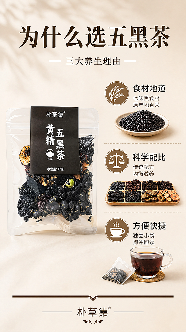 [第3屏] 核心卖点-三大养生理由。本屏使用【图1】作为商品主体。
[氛围/风格] 中式简约风，温润质感，信息清晰，小红书种草排版。
[元素布局] 产品包装袋置于画面左侧中部，占比约40%；右侧分三栏展示三个核心卖点，每栏配一个小图标和食材小图；背景为浅米棕色渐变；底部有一条深棕色装饰线。
[光影质感] 左侧产品受光均匀，包装质感清晰；右侧信息区干净明亮，图标和文字层次分明。
[配色色系] 全局底色 #F5EFE6（米杏色）；主色深棕 #3D2E1E；辅助色暖棕 #8B6F47、米白 #FFF8F0。
[视角构图] 正面视角，左产品右信息的左右分栏构图，阅读动线从左到右、从上到下。
[文字版式] 顶部主标题「为什么选五黑茶」，宋体大字；右侧三栏卖点：第一栏「食材地道」配黑米图标+「七味黑食材 原产地直采」；第二栏「科学配比」配天平图标+「传统配方 均衡滋养」；第三栏「方便快捷」配茶杯图标+「独立小袋 即冲即饮」；每栏标题加粗，正文小字；底部品牌标识「朴草集」。
[比例分辨率] 9:16 竖版比例，4K分辨率，文字清晰可辨，高清画质。
[负向提示词] 包装变形，文字错乱，图标模糊，颜色偏差，水印，产品模糊。