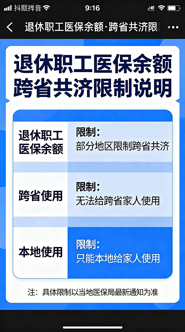 延续参考图片蓝白简约信息图风格，9:16竖版抖音图文，正文内容"退休职工医保虽然有余额，但是部分地区限制跨省共济，只能本地给家人使用。"，排版和参考图保持一致