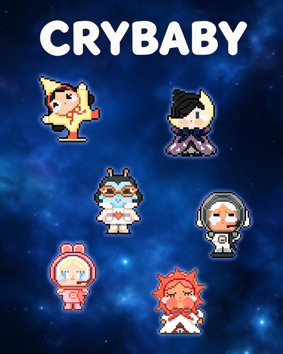 保留原图中的6个CRYBABY像素手办形象，严格参照上传图，完… - 图片创意预览