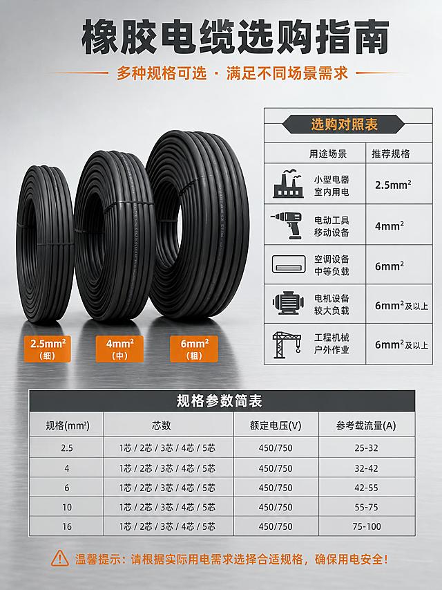 [第8张] 选型决策-规格对照与选购指南。
[氛围/风格] 冷灰工业风，清晰规整，实用指引感，商业摄影质感。
[元素布局] 画面左侧展示3卷不同粗细的橡胶电缆并排陈列，从细到粗，展示不同规格视觉差异；右侧为规格对照选购表。电缆卷放置在浅灰色金属台面上。选购表分为两部分：上方是「怎么选」对照表（用途→推荐规格），下方是规格参数简表。背景为浅灰色渐变，干净整洁。
[光影质感] 顶部均匀柔光，电缆卷立体感强，橡胶外皮质感真实；台面有柔和倒影，整体明亮干净。
[配色色系] 全局底色 #F5F6F8 浅灰；主色深灰+黑色；辅助色工业橙 #FF6B00；表格用深灰线浅灰底。
[视角构图] 左右构图，左侧产品陈列约占40%，右侧选购表约占60%；阅读动线从左上标题 → 左侧产品 → 右侧表格。
[文字版式] 顶部居中主标题「规格怎么选 一看就懂」粗黑体深灰色大号；副标题「按需采购 不花冤枉钱」工业橙色中号。左侧电缆卷下方分别标注「2.5mm²」「4mm²」「6mm²」深灰字。右侧上方选购对照表：「照明线路→2.5平方」「插座家电→4平方」「空调热水器→6平方」「大功率设备→10平方及以上」，每行配用途小图标。下方规格参数简表：列有规格、芯数、额定电压、参考载流量。底部提示：「如需其他规格 请联系客服」工业橙色文字。
[比例分辨率] 3:4 竖版比例，4K 分辨率，文字清晰可辨，高清画质。
[负向提示词] 变形，水印，文字错乱，产品图模糊，背景杂乱，卡通感。