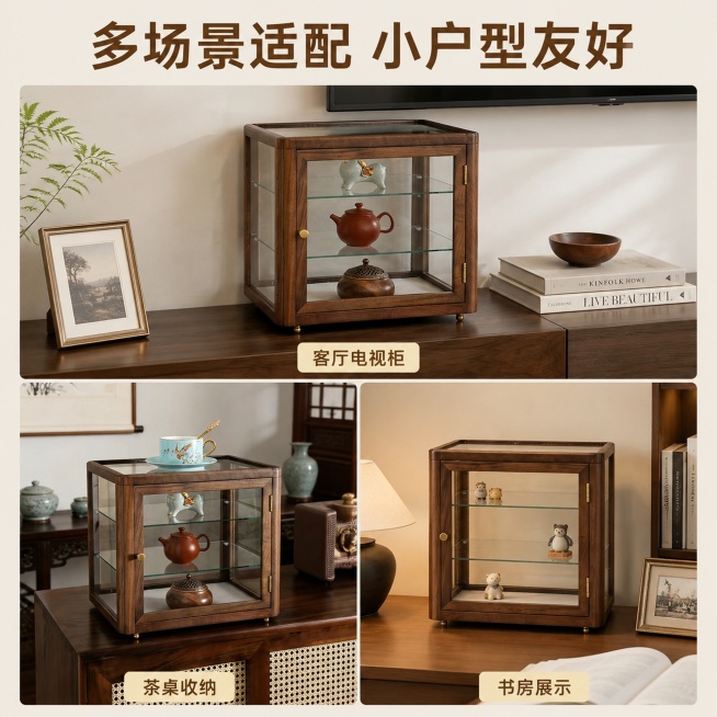 使用电商主图技能生成7张比例1:1的电商主图，适配平台为淘宝/天猫，商品为「图片1」「图片1」「图片1」「图片1」「图片1」，商品卖点为产品名称：胡桃木海棠角展示柜；整体尺寸：长36.5cm，宽27.预览效果