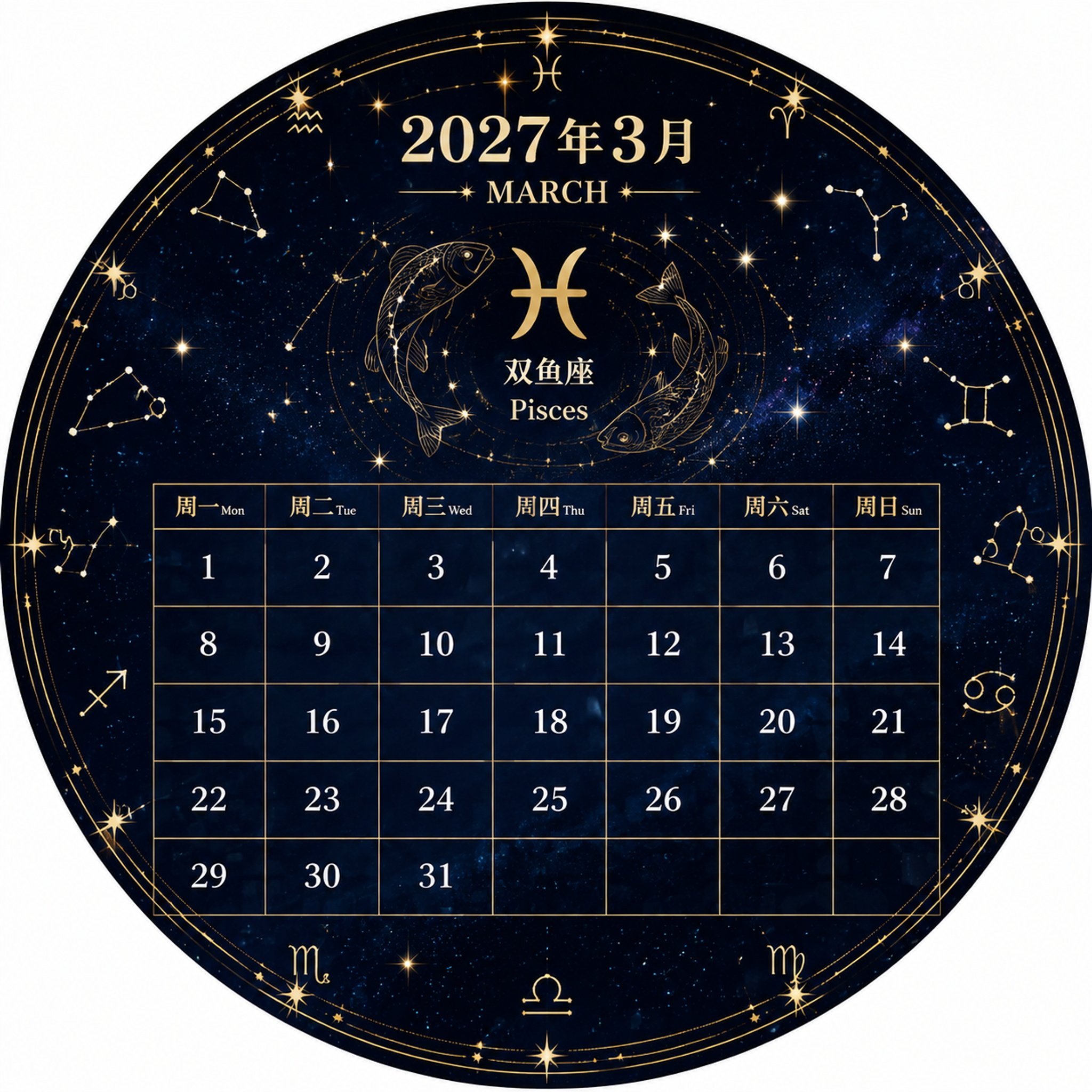 2027年3月圆形星座日历，正圆形构图，深蓝星空背景带金色星点… - 图片创意预览