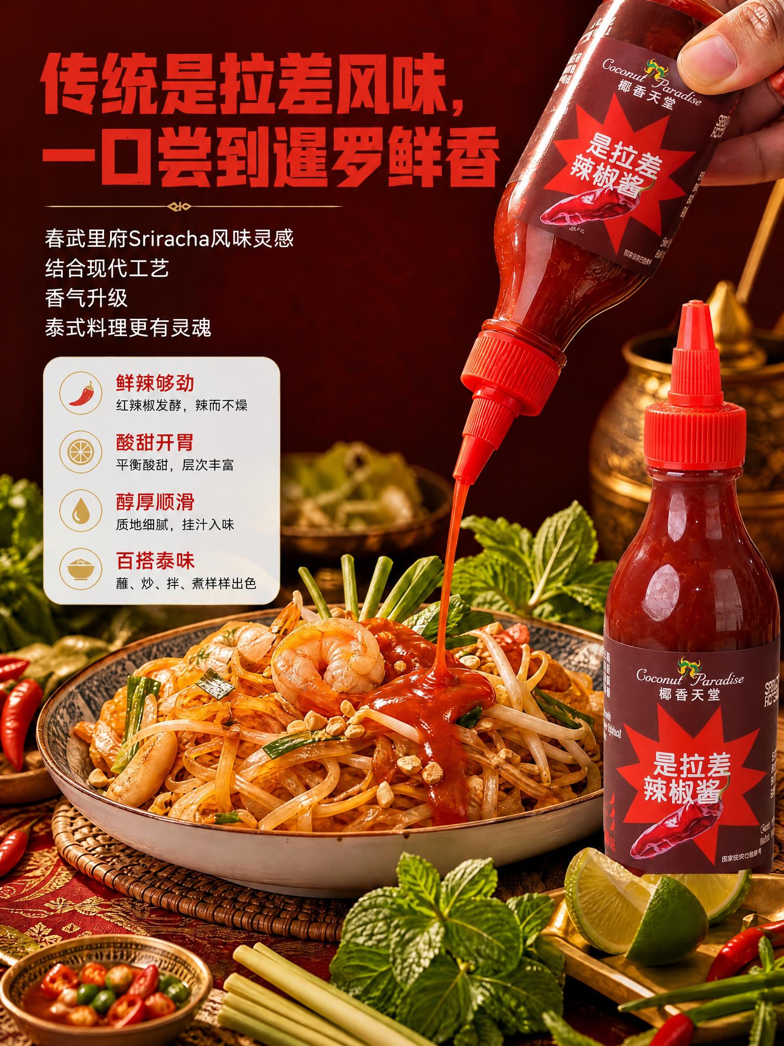 将图中所有的辣椒酱瓶身主体替换为参考图中的椰香天堂是拉差辣椒酱… - 图片创意预览