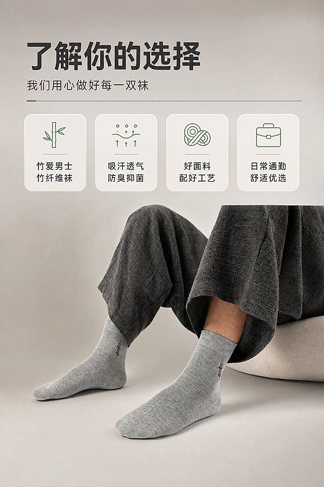[商品] 使用【图1】浅灰色男士中筒竹纤维袜；商品处理：保留袜子颜色、针织纹理、袜身菱形小标、袜口罗纹、袜跟、袜头和整体版型；自然理顺褶皱，增强竹纤维面料高清细腻质感，不改变任何细节。
[画面] 页面目标：品牌理念与产品总结，强化选择理由与信任感，上文下图竖版构图，下方男士双脚舒适坐姿主视觉，袜子清晰展示，上方品牌理念区，产品占画面约50%，背景为暖灰高级渐变+细腻哑光底，收尾氛围沉稳有品质。
[视觉] 套系策略：风格=国内电商高级商业摄影，干净通透有质感；标题字=现代无衬线粗黑体；正文字=简洁无衬线体；主色=暖灰+竹青；背景延展=基于暖灰做深浅层级、同色渐变和细腻哑光质感；强调色=竹青绿，仅用于小面积图标、引线和重点词高亮；标题色=深炭灰；正文色=中暖灰；组件=圆角浅底信息卡、细线分隔线；光影=左前侧柔和自然光，温暖舒适。
[文字] 上方主标题「了解你的选择」，副标题「我们用心做好每一双袜」，下方4个总结卖点：竹爱男士竹纤维袜 / 吸汗透气防臭抑菌 / 好面料配好工艺 / 日常通勤舒适优选；文字横向排版，不遮挡袜子主体。
[规格] 图片比例2:3竖版，2K分辨率，medium质量，避免变形、错字、文字过小、袜子颜色改变、纹理失真、冷蓝/蓝灰背景、绝对化用语、二维码和导流信息。