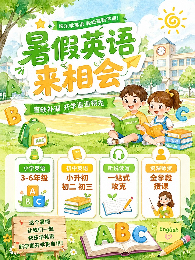 卡通风格的暑假英语招生海报，3:4比例，画面版式精美活泼。与上一张设计不同，采用新的创意构图。主标题文字"暑假英语来相会"，副标题文字"查缺补漏 开学遥遥领先"。卖点信息：小学英语3-6年级，初中英语小升初初二初三，听说读写一站式攻克，资深师资全学段授课。设计风格：水彩卡通，黄绿清新配色，书本字母等卡通元素装饰，分块信息布局，背景为夏日校园轻松氛围，主标题醒目，所有文字清晰可读，整体活泼可爱吸引学生和家长，适合暑期课程招生。