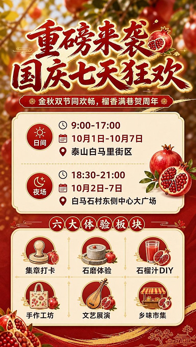 [商品] 使用【图1】石榴秋日丰收场景作为背景氛围素材；保留石榴红色和秋日感，做背景虚化处理。
[画面] 目标：活动总览页，清晰呈现整体活动周期、日间夜场安排和六大体验板块。构图：竖版9:16，顶部标题区，中部时间地点信息卡，下部六大体验图标式排列。主体占比：文字信息占70%，背景装饰占30%。阅读动线：标题→时间地点→六大体验模块。前中后景：背景虚化石榴枝叶，中景米白色信息卡片层叠，前景金色装饰线条和石榴小图标。
[视觉] 套系策略：风格=秋日乡村文旅国潮风，温馨热闹有节日氛围感；标题字=国潮手写书法体，粗厚有力；正文字=现代无衬线黑体，清晰易读；主色=石榴红+暖金色；背景延展=基于石榴红做深浅渐变、秋日暖橙米白过渡、纸张纹理质感；强调色=暖金色，用于标题描边、标签装饰、分割线；标题色=深石榴红+金色渐变；正文色=深棕褐色；组件=圆角米白底信息卡、金色细线分割、石榴图标装饰、印章式标签；光影=秋日暖金色侧光，通透明亮。
[文字] 顶部主标题：重磅来袭 国庆七天狂欢；副标题：金秋双节同欢畅，榴香满巷贺周年；中部信息卡：活动周期10月1日-10月7日，日间9:00-17:00｜泰山白马里街区，夜场10月2日-7日18:30-21:00｜白马石村东侧中心大广场；下部6个图标+文字：集章打卡、石磨体验、石榴汁DIY、手作工坊、文艺展演、乡味市集。文字全部横排，手机端清晰可读。
[规格] 图片比例9:16竖版，4K分辨率，避免变形、错字、文字过小、冷蓝灰调、二维码。
