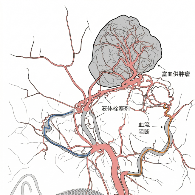 基于原图重新绘制：1.所有血管用黑色细线描边，血管内部填充浅红色；2.肿瘤外部边界用黑色粗线绘制，肿瘤内部血管黑色细线描边，整体填充灰色，并将标注文字改为"富血供肿瘤"；3.血管封堵处以及红色、黄色、预览效果