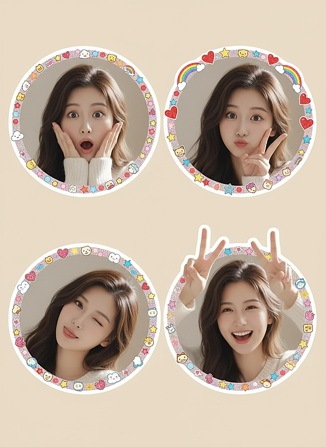 生成一组4张大头贴照片，每张照片都要有不同的表情和动作，动作要夸张，每张图的周边都是大头贴的边框和贴纸装饰