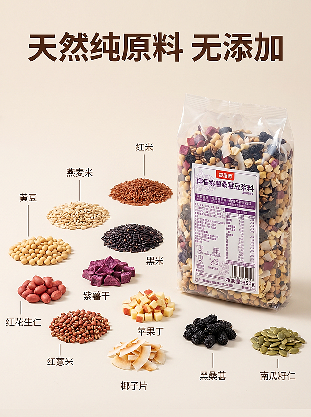 [主图 2] 展示椰香紫薯桑葚豆浆料核心配料原料，建立信任。
[氛围风格] 天然食材展示，干净清爽
[画质] 商业摄影质感、光线柔和通透、产品清晰真实、画面干净高级
[元素] 原包装产品放置在画面右侧，左侧分散摆放所有核心配料：红米、燕麦米、黄豆、黑米、红花生仁、紫薯干、红薏米、苹果丁、椰子片、黑桑葚、南瓜籽仁，每种食材都清晰可见。保持原产品包装外观结构颜色与输入图一致，不变形。整体画面饱满不拥挤，商品占比约70%
[光影] 均匀柔和自然光，突出每种食材的原生色泽和纹理，无生硬阴影
[配色] 自然食材原生多色调，背景浅米白统一画面
[视角构图] 平视略微俯视，清晰展示所有配料，布局舒展
[文字版式] 顶部大字“天然纯原料 无添加”，深棕色粗体；每个配料旁用细小引线搭配浅色字标注名称，排版整齐不杂乱；左侧留出大块区域突出文案
[比例分辨率] 3:4比例，2k分辨率，文字清晰可辨，超高清
[负向提示词] 变形，水印，文字错乱，产品图模糊，背景杂乱，绝对化违禁用词