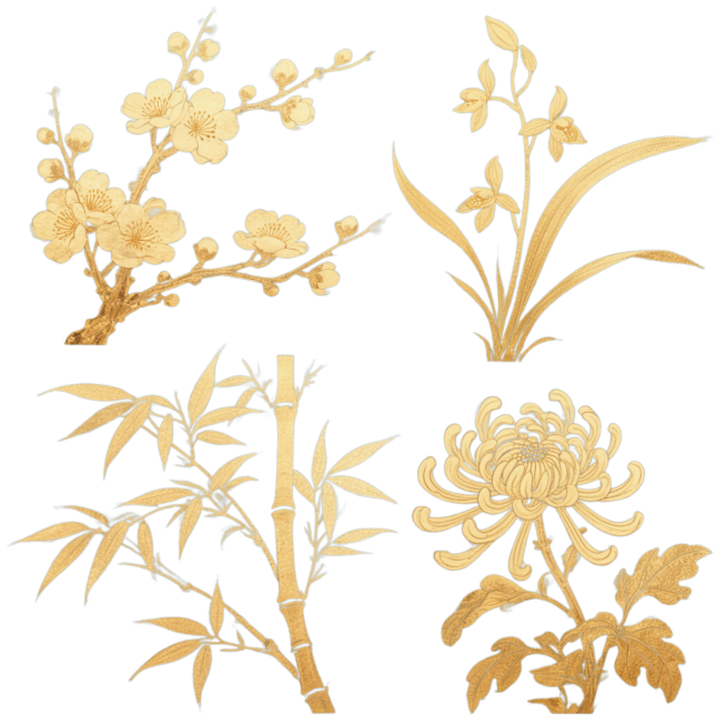 纯色背景，金色调，中国传统水墨风格，四幅植物插画规整排布组成系列素材集合。每幅插画均采用流畅的线条勾勒轮廓，叶片和枝干填充均匀的金色，边缘略带模糊晕染效果，呈现出淡雅而精致的视觉质感。左上角为梅花，枝预览效果