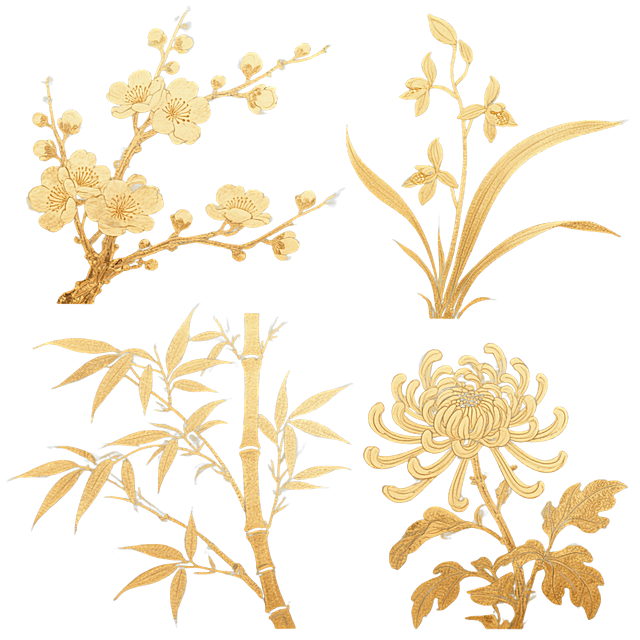 纯色背景，金色调，中国传统水墨风格，四幅植物插画规整排布组成系列素材集合。每幅插画均采用流畅的线条勾勒轮廓，叶片和枝干填充均匀的金色，边缘略带模糊晕染效果，呈现出淡雅而精致的视觉质感。左上角为梅花，枝干遒劲，金色花瓣层层叠叠，花蕊清晰可见；右上角为兰花，叶片修长飘逸，金色花朵小巧雅致，散发着清幽之气；左下角为竹子，竹竿挺拔，竹叶疏密有致，展现出坚韧不拔的姿态；右下角为菊花，花瓣呈放射状舒展，金色的花朵饱满而富有层次感，尽显高洁之态。整体画面简洁大方，风格统一，四幅插画在构图和表现手法上保持一致，共同营造出和谐典雅的氛围。