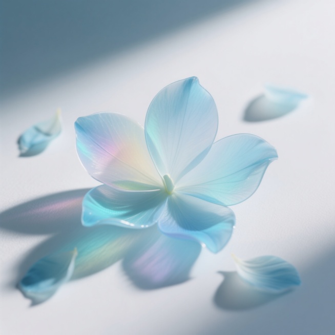 透明渐变质感的彩色花瓣，轻盈飘逸，中心有较大的半透明花瓣，周围散落几片较小花瓣，整体呈现柔和的光影效果，白色背景，花瓣颜色为淡蓝色预览效果
