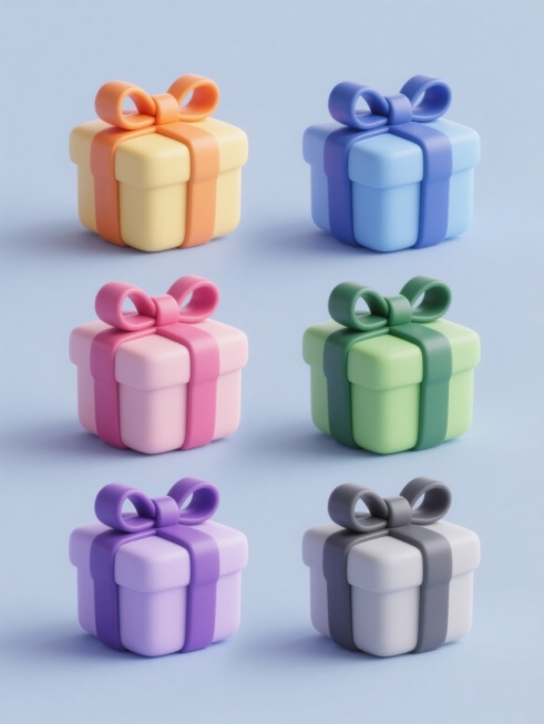 一系列6个完全相同的3D风格礼物盒图标规整排布，每个图标均为圆角方形礼盒，顶部系有对称蝴蝶结，采用光滑材质与柔和渐变光影，保持统一的卡通简约设计语言与立体效果，纯色背景，色彩方案分别为：1. 礼盒主体淡黄色配橙色丝带与蝴蝶结 2. 礼盒主体天蓝色配深蓝色丝带与蝴蝶结 3. 礼盒主体嫩粉色配深粉色丝带与蝴蝶结 4. 礼盒主体草绿色配深绿色丝带与蝴蝶结 5. 礼盒主体浅紫色配深紫色丝带与蝴蝶结 6……预览效果