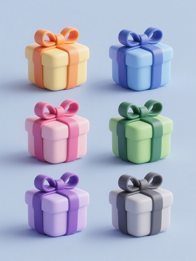 一系列6个完全相同的3D风格礼物盒图标规整排布，每个图标均为圆角方形礼盒，顶部系有对称蝴蝶结，采用光滑材质与柔和渐变光影，保持统一的卡通简约设计语言与立体效果，纯色背景，色彩方案分别为：1. 礼盒主体淡黄色配橙色丝带与蝴蝶结 2. 礼盒主体天蓝色配深蓝色丝带与蝴蝶结 3. 礼盒主体嫩粉色配深粉色丝带与蝴蝶结 4. 礼盒主体草绿色配深绿色丝带与蝴蝶结 5. 礼盒主体浅紫色配深紫色丝带与蝴蝶结 6. 礼盒主体浅灰色配深灰色丝带与蝴蝶结，整体呈现整齐划一的系列感与现代设计美学