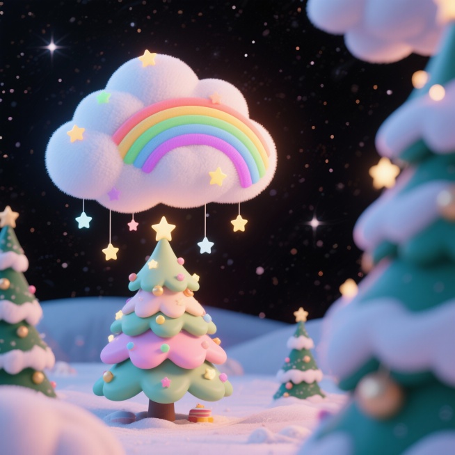 星空背景，一朵五彩勾线云朵，下着颗颗星星彩虹圣诞树，马卡龙色系，宏观镜头，超细节，超高清 ，C4D建模，Blender渲染，重点光照预览效果