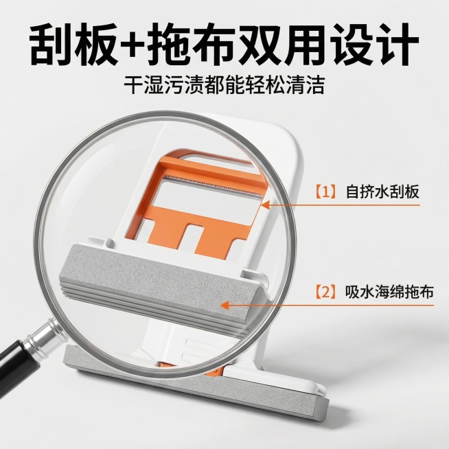 [主图 3] 刮板拖布双用细节展示
[氛围/风格] 专业细节展示，干净高亮背景，突出产品结构优势
[画面元素] 保持产品外观与原图完全一致，放大展示拖把头部的刮板+海绵拖布结构，浅色纯净背景，局部用放预览效果