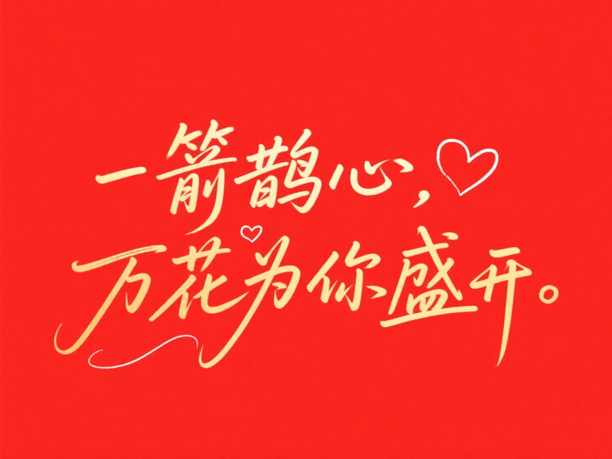 文字“一箭鹊心，万花为你盛开”，文字穿插爱心。高级感，红底金字，手写体预览效果