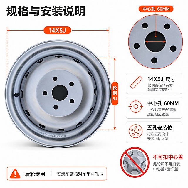 [规格说明图] 白底规格与安装说明图，本张唯一任务是用尺寸标注说明 14X5J 规格与中心孔 60MM，并提示不可扣中心盖。
[统一基调] 纯白 #FFFFFF 无缝摄影棚背景，均匀干净无杂色；主标题深灰近黑 #1A1A1A 粗黑体，强调色橙红 #FF5A00，辅助文字 #6B6B6B；统一使用圆角橙色胶囊标签与细线引线组件；只用一种无衬线黑体，标题最大最粗，辅助文案字号缩小一半以上。
[画面] 左侧为银灰色钢制轮圈正面大图，垂直正对镜头，占画面约 52%，完整不裁切；轮圈上方横向画出带细引线的尺寸标注线，两端落在轮圈外缘；轮辋一侧画出竖向尺寸标注线标注轮辋宽度；右侧上方叠一个带细橙红边框的圆形放大窗，窗内为中心孔与五孔安装位的微距特写，孔位数量与中心孔比例必须与输入图完全一致；右侧竖排三张白色信息卡，卡内左上角配细线图标；画面右下角放一个禁止图标：一个圆形轮毂中心盖图形上叠加红色斜线禁止符号。
[光影质感] 摄影棚柔光，主光自左上 45°；银灰漆面高光干净不发灰，孔位内部有真实阴影；放大窗内孔位边缘有凹凸层次；底部干净柔和的接触阴影，不悬浮。
[配色] 银灰与黑为主，橙红 #FF5A00 用于尺寸线、标签与图标，禁止符号用红色 #E53935，背景保持纯白。
[文字版式] 左上主标题“规格与安装说明”；横向尺寸标注线旁写“14X5J”；竖向尺寸标注线旁写“轮辋 5J”；放大窗上方标注“中心孔 60MM”；三张信息卡分别写“14X5J 尺寸”“中心孔 60MM”“五孔安装位”；禁止图标旁写“不可扣中心盖”；底部一条信息条“后轮专用 安装前请核对车型与孔位”；中文横排，不遮挡主体。
[输出要求] 1:1 正方形 2048×2048，尺寸数字与中文文案清晰无错字，产品结构与输入图一致。负向：虚构其他尺寸数字、多出或缺失安装孔、变形、错字、乱码、模糊、灰尘、指纹、水泥地、原背景残留、悬浮、相机水印、手机型号水印、“REDMI K80 Pro”字样、平台 Logo、人物、手部、多余手指。