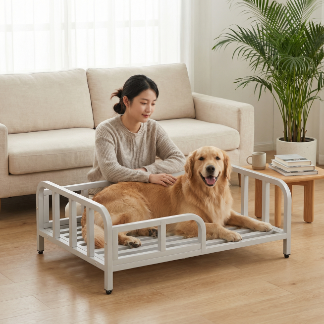 浅灰色金属框架狗床，保持原产品物理结构绝对不变，床下面没有轮子，床腿没有额外东西，床上没有床垫。产品主体不变形不扭曲。
平视中景构图，平稳放置在日式客厅的原木地板上，背景是浅米色亚麻沙发，淡雅温馨。预览效果