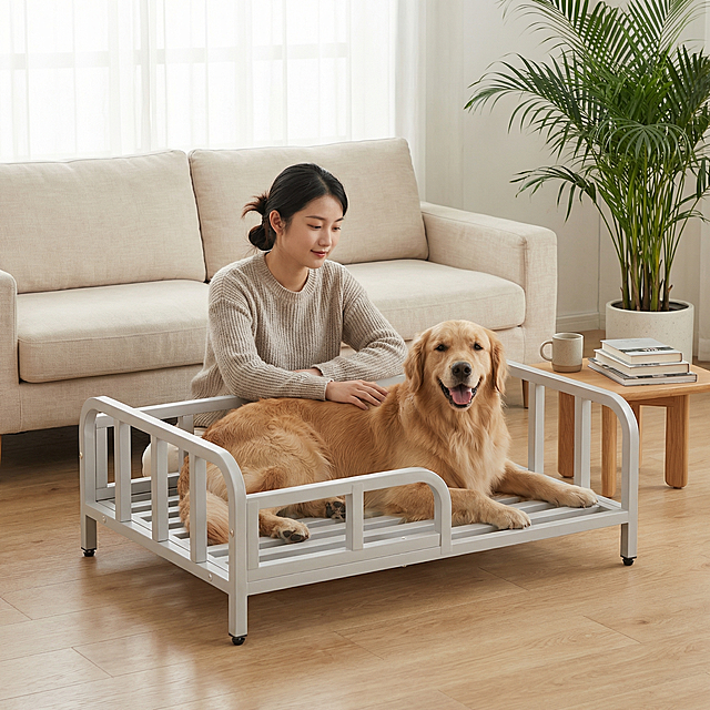 浅灰色金属框架狗床，保持原产品物理结构绝对不变，床下面没有轮子，床腿没有额外东西，床上没有床垫。产品主体不变形不扭曲。
平视中景构图，平稳放置在日式客厅的原木地板上，背景是浅米色亚麻沙发，淡雅温馨。
小清新原木日系家居氛围，床上趴着一只开心放松的金毛，一位年轻东亚女孩盘腿坐在狗床旁边，轻轻抚摸狗狗，互动自然温馨。
柔和阴天漫射柔光，整体低饱和度暖调，阴影极淡，画面干净通透。
旁边矮几放着陶瓷水杯和几本书，角落放一株散尾葵绿植，增添自然生机。
淘宝主图摄影，8K高清，治愈小清新风格。保持 1:1 画面比例。