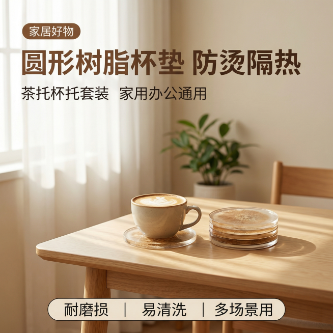 [主图 1] 咖啡杯垫套装首图
[主图主题] 圆形树脂防烫隔热杯垫
[氛围/风格] 舒适简约家居治愈风格，柔和自然光漫射，温馨干净
[画面元素] 一套圆形树脂杯垫居中放置在浅木色餐桌上，桌上摆放着一杯预览效果