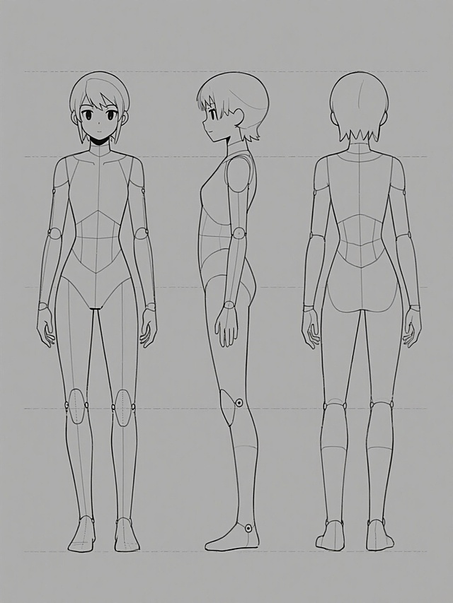 灰色纯色背景上，以简约线条绘制的不同人物造型的三视图设计图，包含正面、侧面和背面视图，每个视图中的人物均保持统一的简约动漫风格，线条流畅清晰，身体结构以几何形态概括，关节处有轻微的线条标记，整体呈现出干净利落的插画感，无任何文字和装饰元素，构图整齐排列，展现出角色设计的规范性与专业性。
