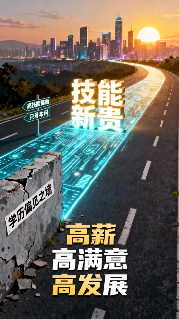 [image-一条道路从画面左下角向右上角延伸。道路起始段是灰色、斑驳的“学历偏见之墙”，墙上贴着“只看本科”的标语，但墙体正在破裂。道路延伸出去后，变为由发光数据流铺就的康庄大道，路标显示“高技能赛预览效果