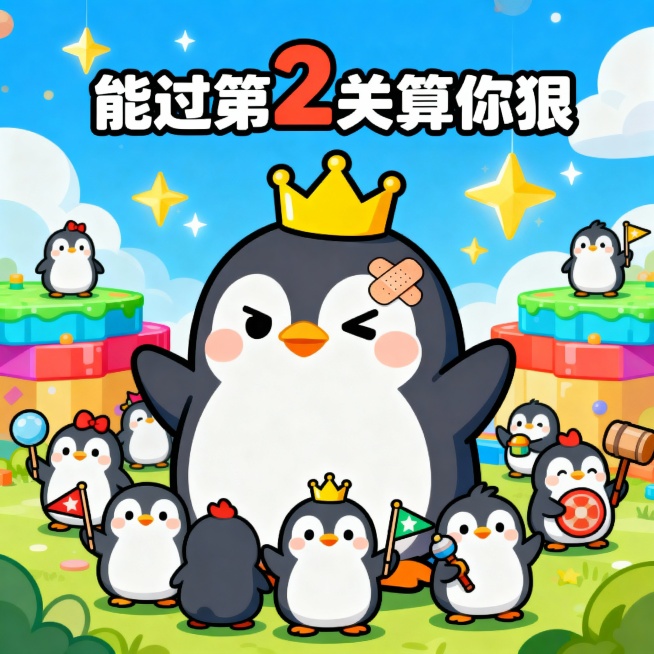 以这只企鹅为主角，生成一些类似于左图的小游戏宣传图，画面中需包含很多企鹅，要有一个故事场景，配文案：能过第2关算你狠预览效果