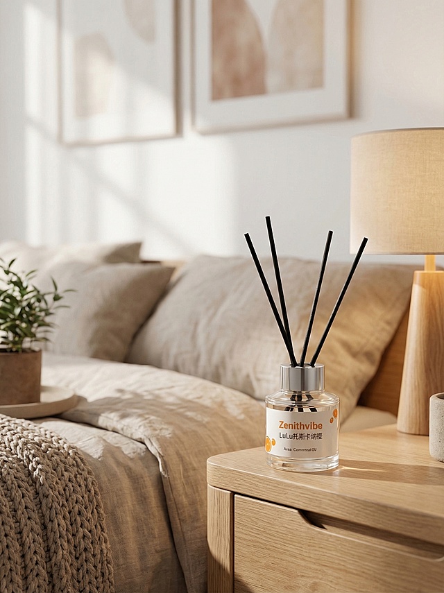 把这瓶无火香薰放置在温馨的现代简约卧室场景中，保持香薰主体清晰，背景是柔和温馨的卧室环境，自然光线，温暖氛围感，产品突出，质感细腻