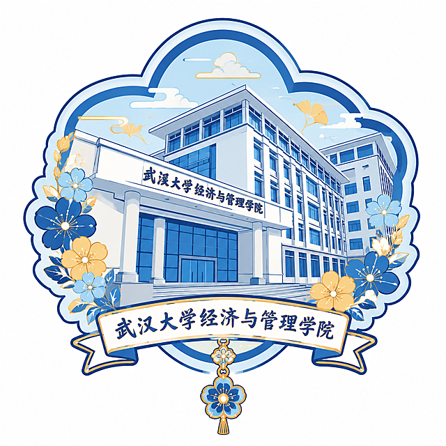 参考图中冰箱贴钥匙扣的扁平矢量插画风格，生成武汉大学经济与管理学院建筑的插画，以蓝色为主色调，黄色为辅色，线条清晰明快，保留建筑主体结构和武汉大学经济与管理学院文字