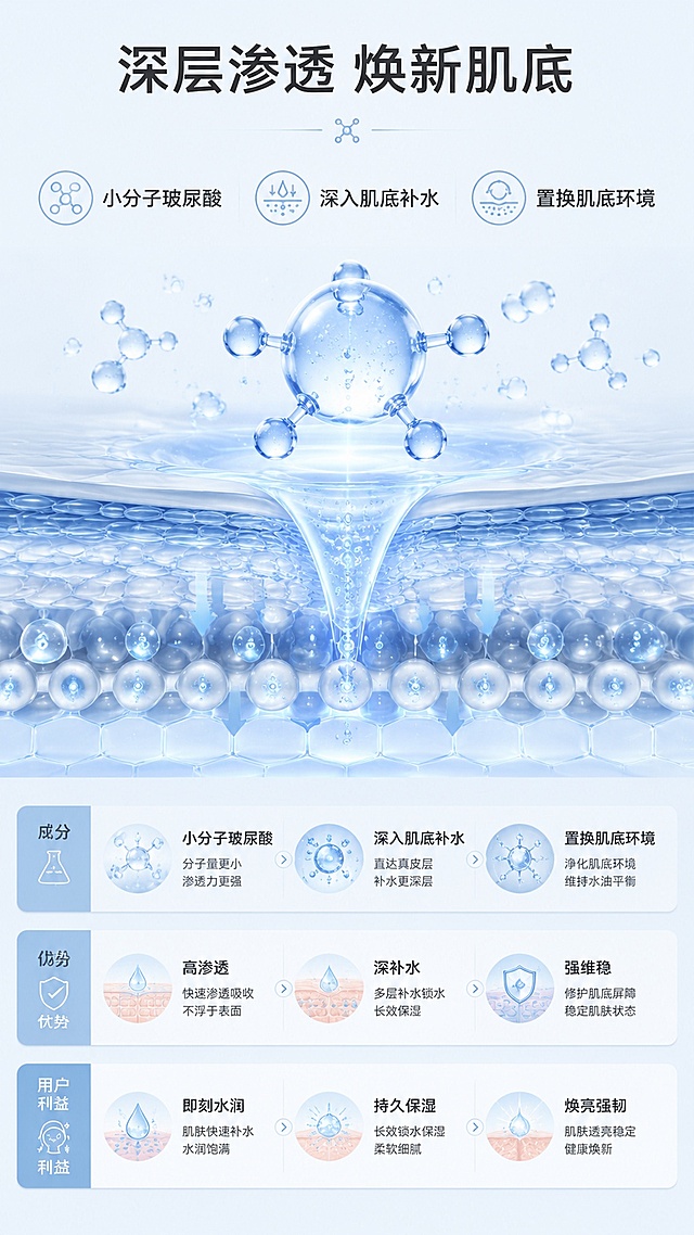 [第2屏] 功效机理展示-深层补水保湿焕肤肌底液功效解析。
[氛围/风格] 专业科研护肤风，干净简约实验室质感。
[元素布局] 画面中心放大展示水分子和肌底结构3D模型，占比约60%；下方放置功效链路模块，分为三层结构，每层对应成分、优势和用户利益，核心元素突出清晰。
[光影质感] 整体均匀柔光照明，分子结构边缘增加淡蓝色外发光，层次感分明。
[配色色系] 全局底色 #E8F4FF；主色浅蓝色分子，辅助色浅灰色背景，文字深灰色。
[视角构图] 正面平视居中构图，从上到下清晰阅读动线。
[文字版式] 顶部大标题「深层渗透 焕新肌底」，下方三段式横向排列：第一层「小分子玻尿酸」第二层「深入肌底补水」第三层「置换肌底环境」，每段搭配圆形小图标，文字清晰易读。
[比例分辨率] 宽度1080px，高度1920px，9:16 竖版比例，4K分辨率，文字清晰可辨，高清画质。
[负向提示词] 元素杂乱，文字过小，构图拥挤，颜色刺眼，虚假夸张对比。