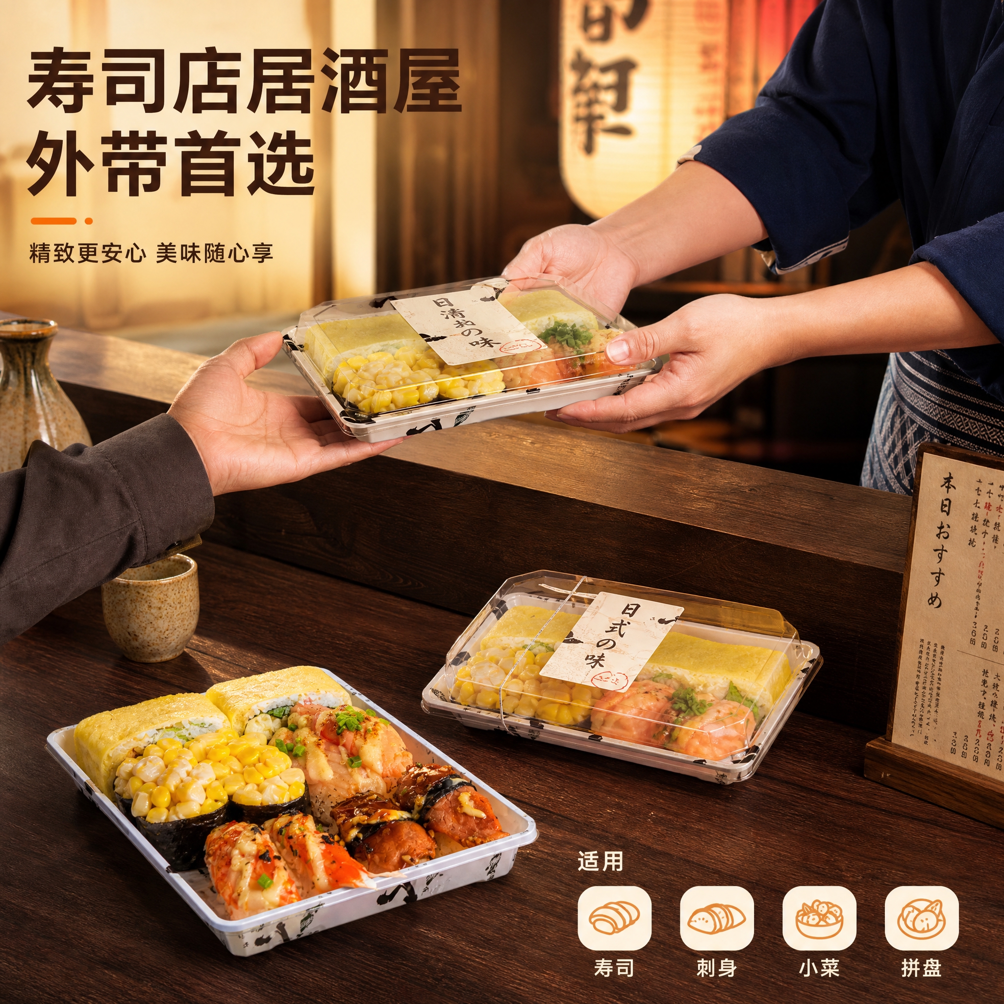[主图-4] 中号寿司外卖盒使用场景图，展示日式居酒屋/寿司店… - 图片创意预览