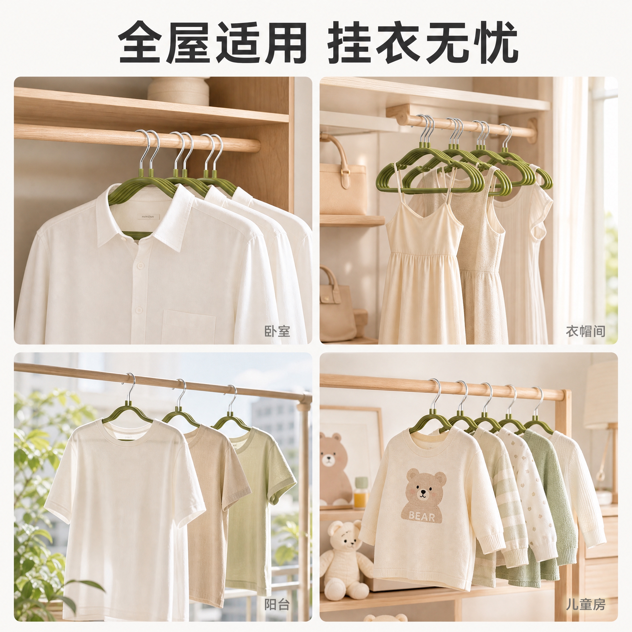 [主图-4] 多场景适用展示，用宫格形式展示衣架在不同家居场景… - 图片创意预览