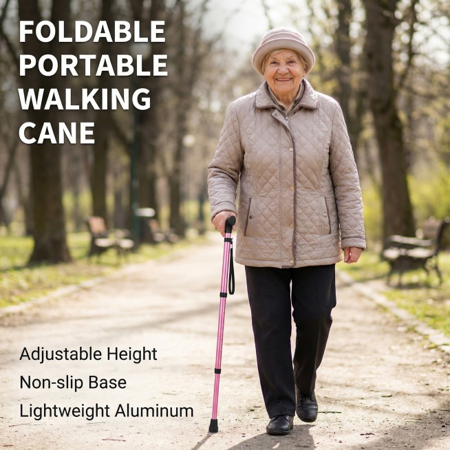 Generate the second Amazon main image, a life scene of an elderly woman using a pink folding cane ou预览效果