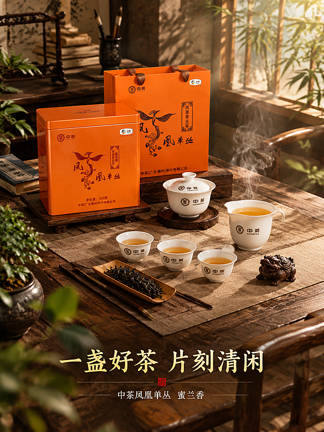 [主图-4] 沉浸式场景体验竖版，中茶凤凰单丛茶完整茶席场景图，3:4竖版构图，营造沉浸式品茶生活方式。
[统一基调] 沉浸式新中式茶席美学风格，暖棕木色+暖橘茶色调为主，柔光侧逆光，烟雾氤氲缭绕，禅意雅致高级感，字体采用粗宋+细黑体组合，标题字色为暖金色，辅助字为米白色，强调色为朱砂红，整体画面通透有层次。
[画面] 竖版俯视45度角完整茶席场景，深色老榆木茶桌上铺着浅褐色茶席布，中茶凤凰单丛橙色铁罐放在画面中上区域，旁边是白瓷盖碗、公道杯、三只品茗杯、茶则、茶针、茶宠等茶具整齐摆放。一杯刚泡好的金黄茶汤冒着热气，茶香烟雾在画面中袅袅升腾。背景是虚化的中式书房一角，有古籍、毛笔架、盆栽绿植，窗外有竹影。整体营造安静雅致的品茶氛围，竖版构图上下延伸空间感。
[光影质感] 自然光从右侧窗户洒入，暖调柔光，茶具与茶汤有柔和反光，木质桌面有自然纹理，整体光影层次丰富，有电影感。
[配色] 主色暖棕木色+米白茶席，辅色橙色产品+金黄茶汤+墨绿植物，整体暖调雅致。
[文字版式] 画面底部落款式排版，主标题暖金色粗宋「一盏好茶 片刻清闲」，下方小字细黑体「中茶凤凰单丛 蜜兰香」。文字较小，不破坏场景沉浸感。
[输出要求] 750×1000竖版3:4，场景完整有氛围，产品清晰可识别，整体高级有质感。禁止：产品变形、错字、模糊、杂乱、水印、平台Logo。