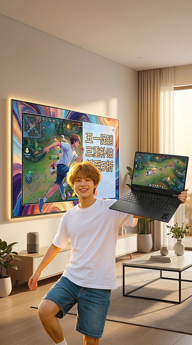 客厅另一侧墙面，75吋创维壁纸电视Q7H无缝贴墙，厚度几乎可忽略，边框流光灯带缓慢呼吸，电视播放AI动态抽象艺术画，同一个男主忽然跳到电视前，举起惠普暗影精灵游戏本，电视自动分屏，左侧显示游戏画面，右侧弹出促销信息弹窗「五一促销 三重补贴 低至5折」，保留男主原有形象，现代智能家居场景